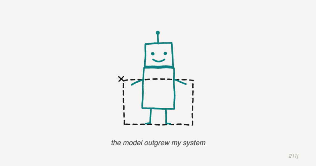 Kid-drawn illustration of a teal robot standing taller than a dashed box it has outgrown, the box marked with a small x for deletion. Caption: the model outgrew my system.